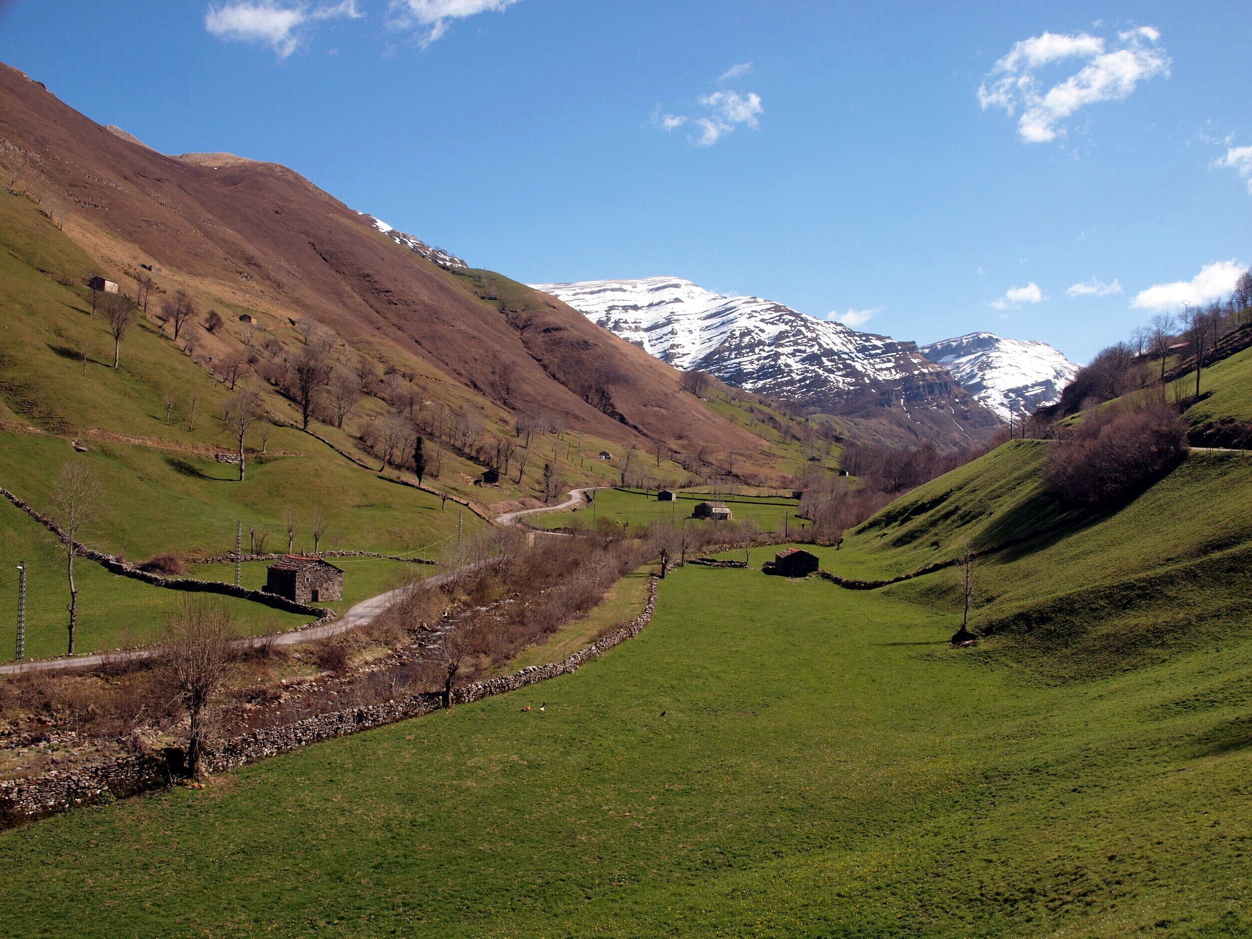 A valley with a stone wall, a narrow road, and a snow-capped mountain in the background.