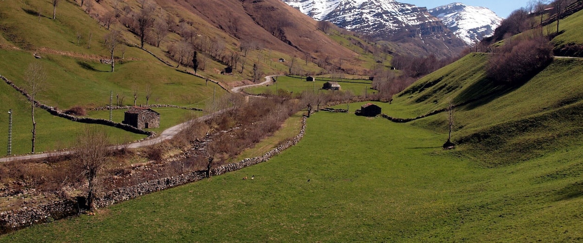 A valley with a stone wall, a narrow road, and a snow-capped mountain in the background.