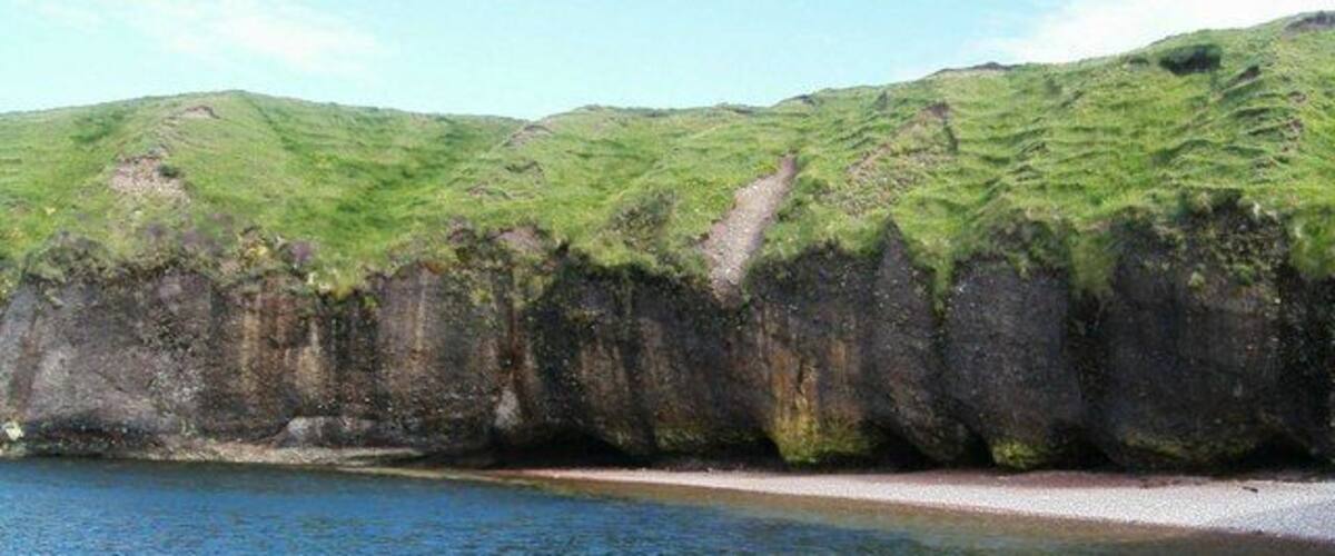A coastal landscape with a grassy hill and a rocky cliff by the sea.