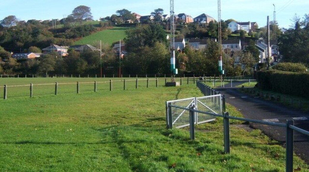 Rugby football ground, Hendy Path by the ground which is on flat ground west of the river (Afon Gwili). Beyond the village is set on the hillside in the next square.