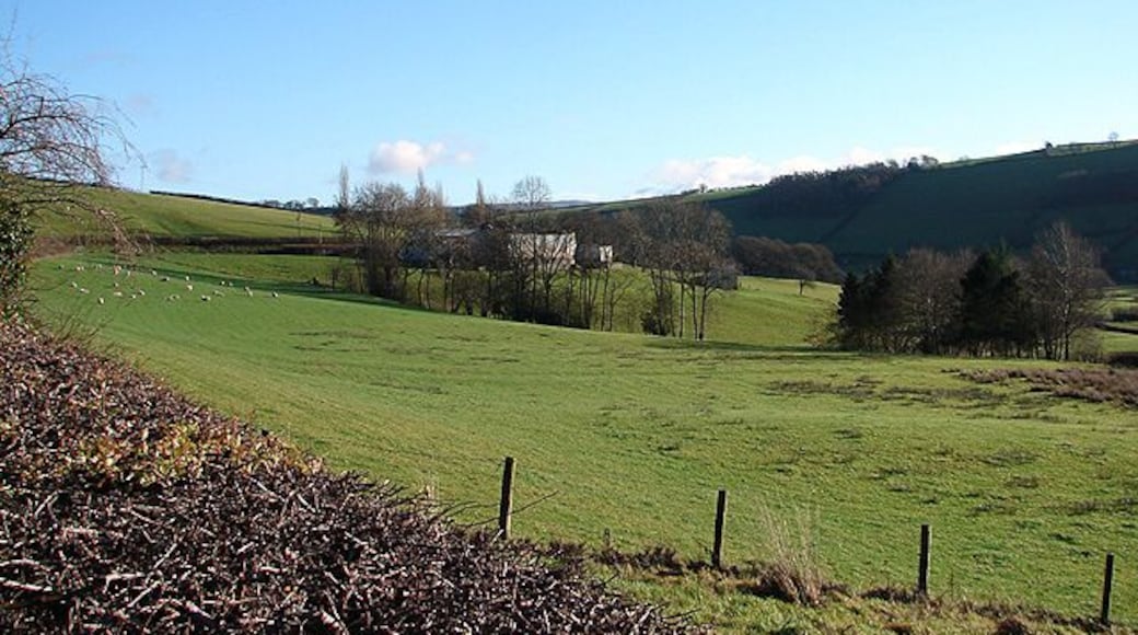 Farmland at Y Fan At the west of the square, looking eastwards towards Caeiago Farm.
