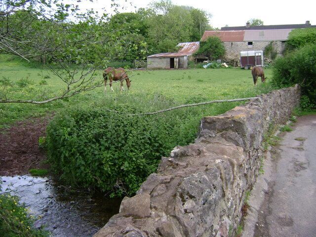 Un paisaje rural con un muro de piedra, un arroyo pequeño y dos caballos pastando en un campo cubierto de hierba.