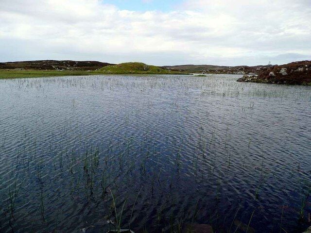 Un lago tranquilo rodeado de colinas y vegetación escasa.