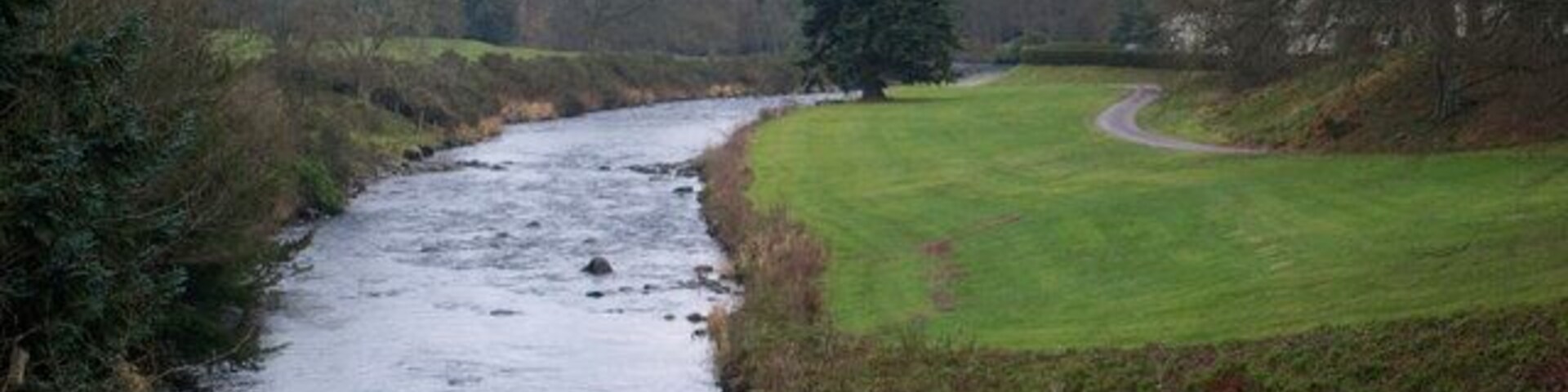 A river flowing through a rural landscape with a grassy field and trees.