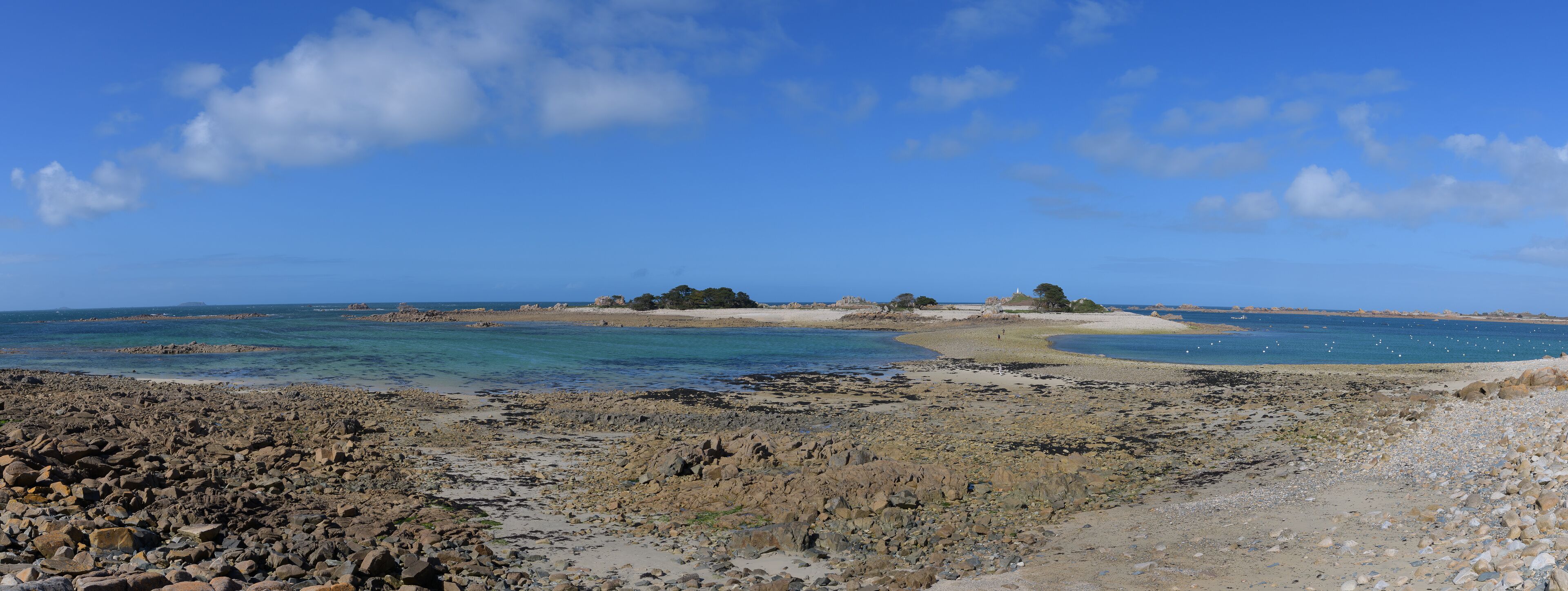 A rocky beach with clear blue waters, a sandy area, and a few scattered trees.