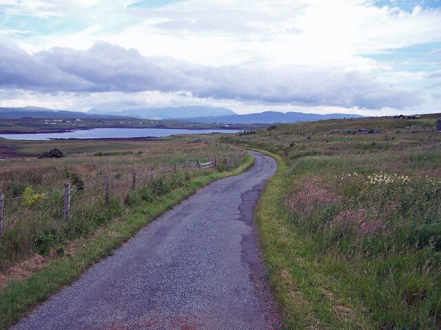 Road to Ardroag Looking south east down the hill. The roadside is a mass of wild flowers and grasses. Lost in the cloud on the horizon is the Cuillin mountain range.