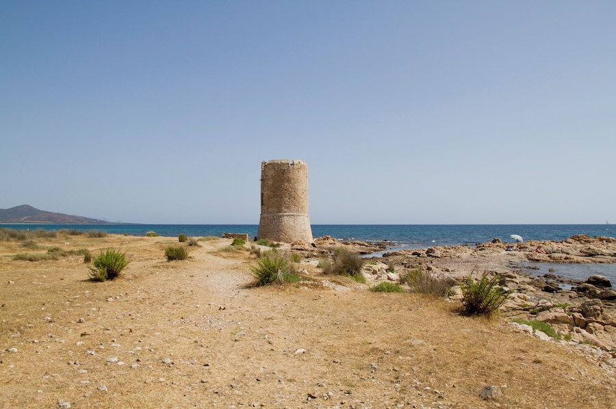 Un paysage côtier caractérisé par une haute structure cylindrique en pierre, une végétation clairsemée, un terrain rocheux et un ciel bleu dégagé.