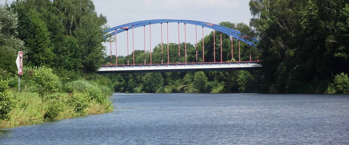 A bridge over a river with dense trees on both sides.