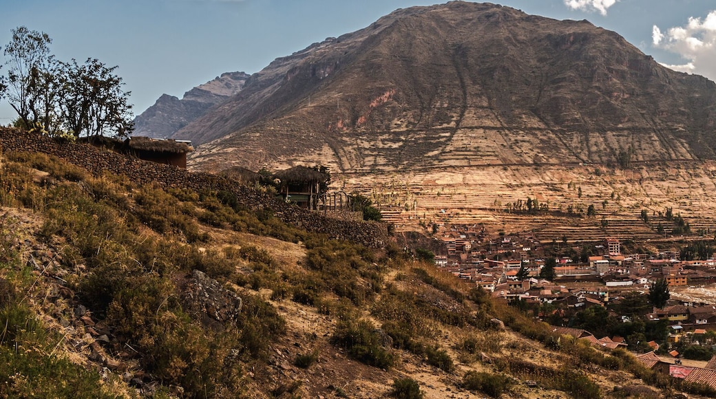 Pisac town between mountains panoramic view of the north zone in the inca's sacret valley of Peru.