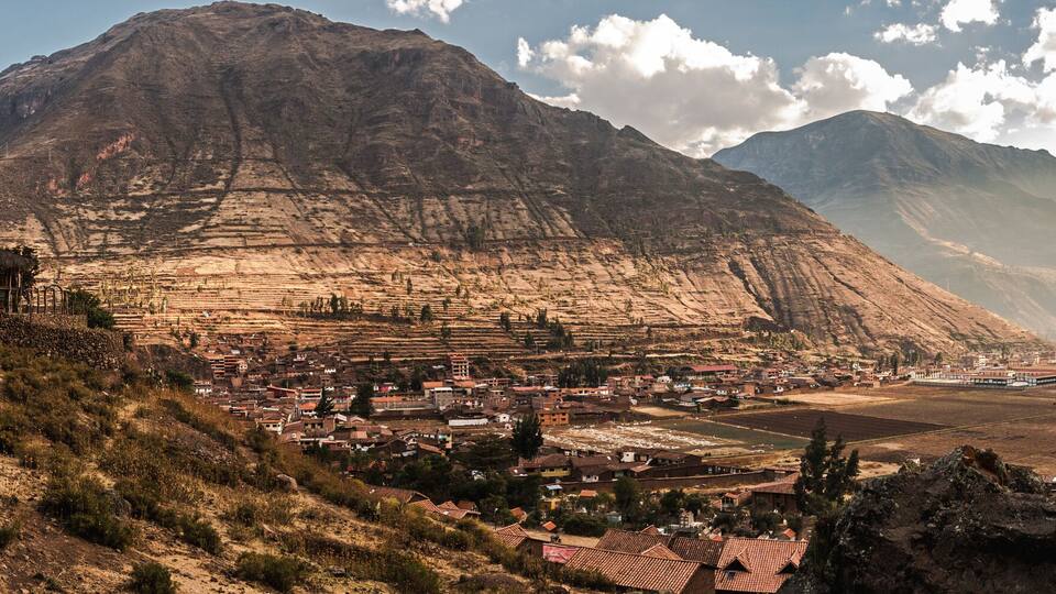 Pisac town between mountains panoramic view of the north zone in the inca's sacret valley of Peru.