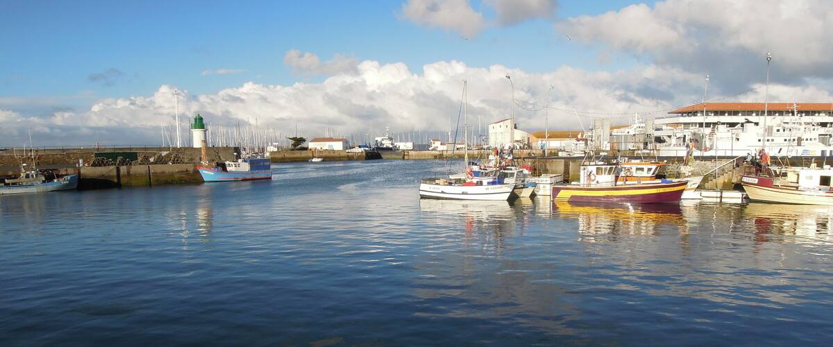 A harbor with several boats docked, a lighthouse, and a building with a red roof.