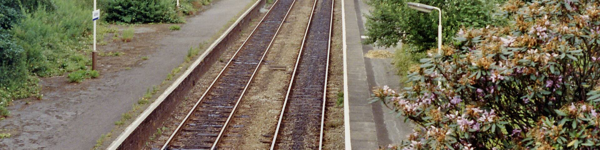 Ashley (Cheshire) station, 1992. View northward, towards Altrincham and Manchester: ex-Cheshire Lines (CLC) Manchester - Altrincham - Northwich - Chester secondary main line. Since 5/5/69 when Manchester Central closed, the service has run via Oxford Road to Piccadilly and on 6/10/69 their Chester Northgate terminus was closed and the trains then ran to Chester General.