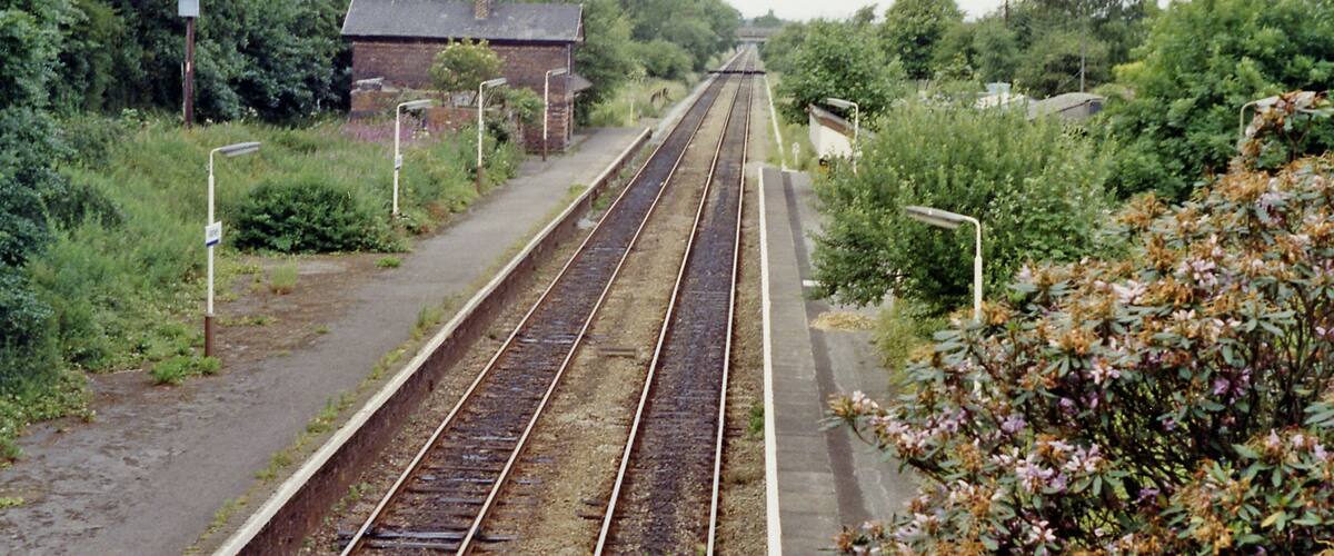 Railway tracks with a brick building in the background, surrounded by greenery.