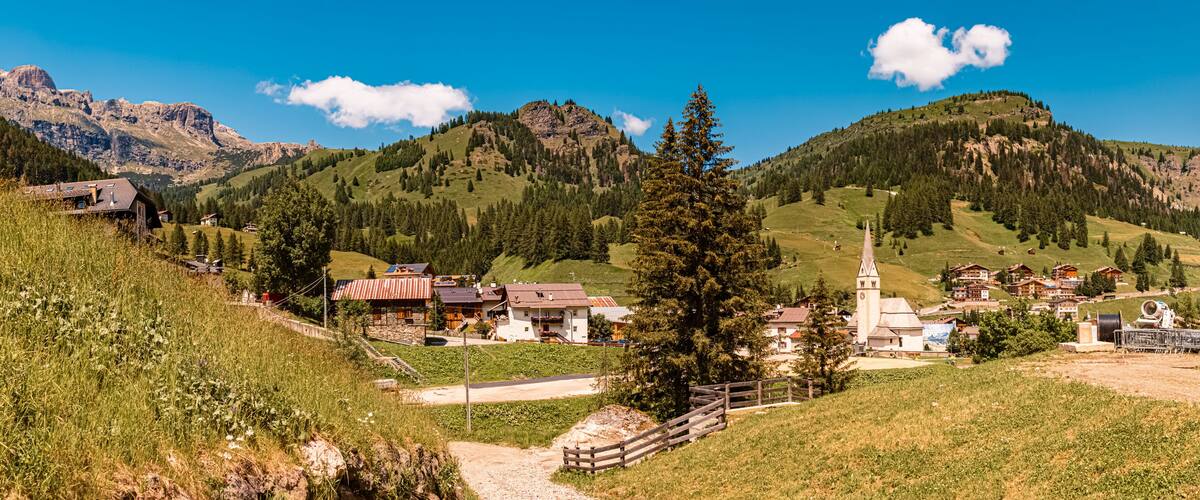 High resolution stitched alpine summer panorama near Arabba, Livinallongo del Col di Lana, Belluno, Veneto, Italy
