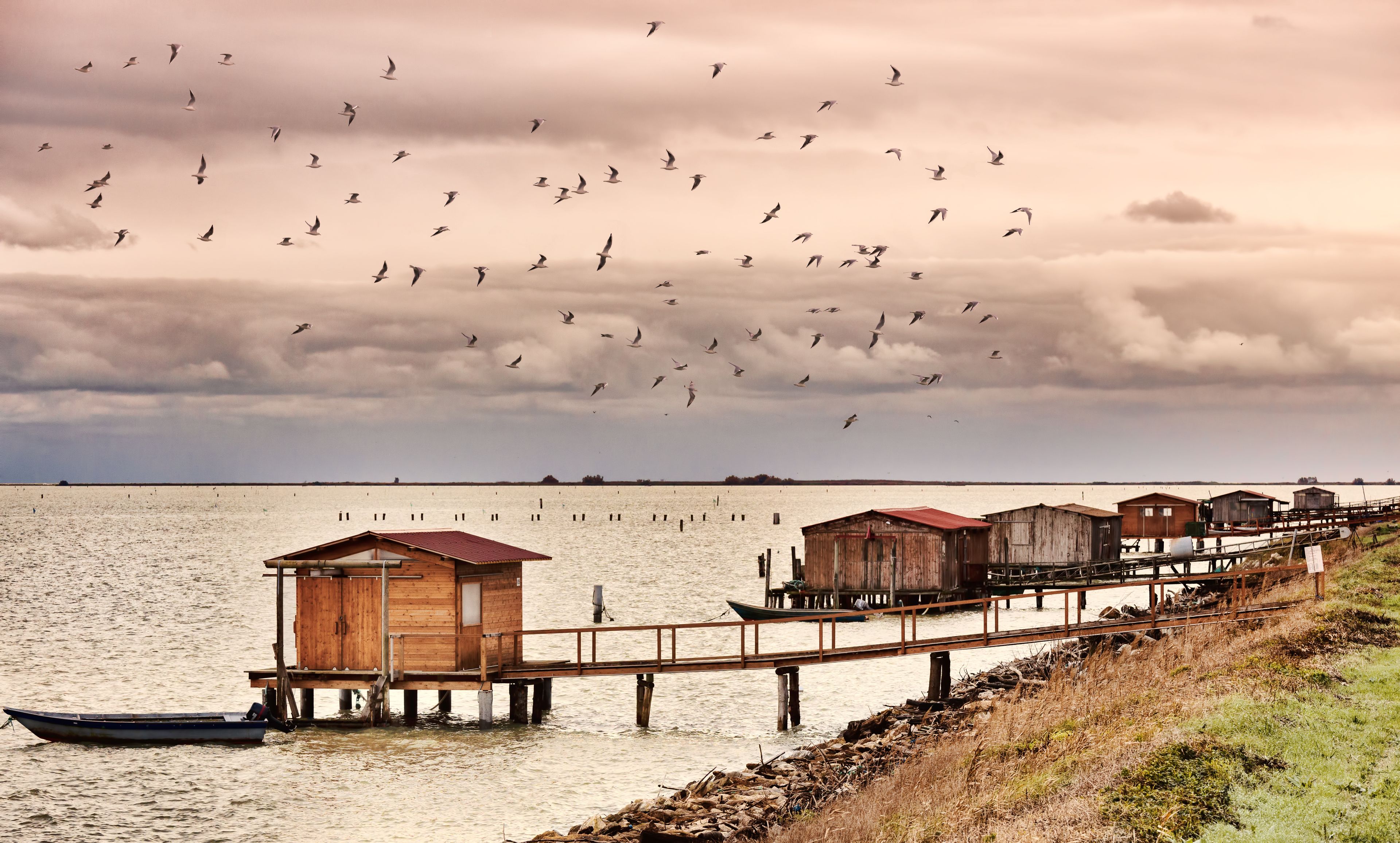 A wooden pier with several small cabins extending into a body of water, a boat docked at the end, and a flock of birds flying overhead.