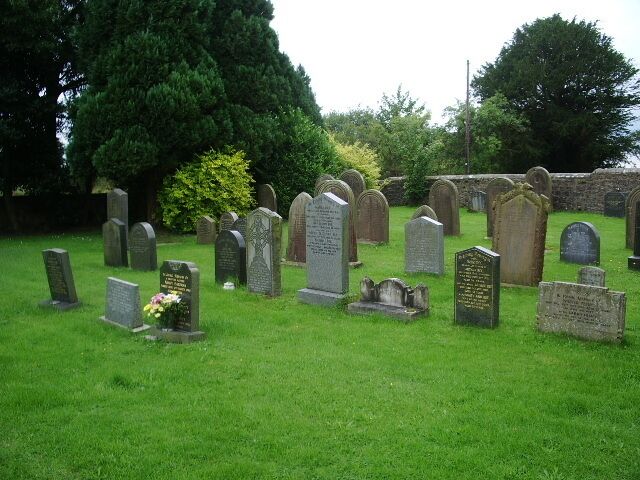 A cemetery with numerous headstones and a large tree in the background.