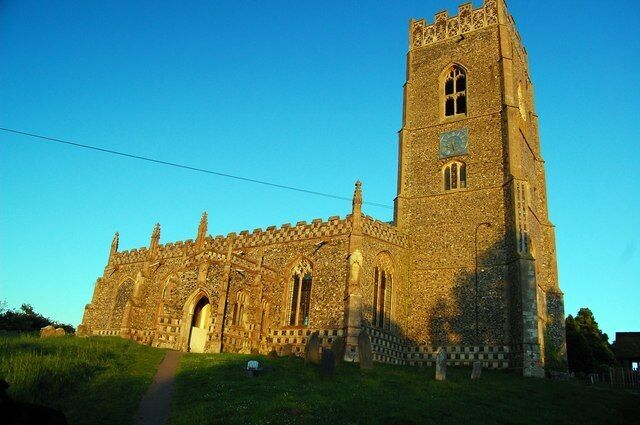 St Mary's Church, Kersey St Mary's stands above the village, here seen at sunset. It is a testament to the former wealth and status of the village in medieval times - there was even a popular cloth named after Kersey.