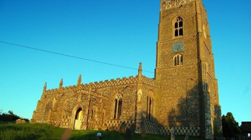 St Mary's Church, Kersey St Mary's stands above the village, here seen at sunset. It is a testament to the former wealth and status of the village in medieval times - there was even a popular cloth named after Kersey.
