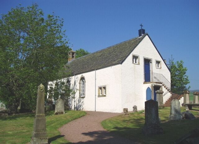 Traquair Kirk. 18th century church with an external staircase, situated just over a mile to the south-west of the village of Traquair.