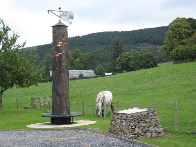 View from the car park in Traquair This photograph was taken from the car park in the small village of Traquair in the Scottish Borders region. It shows an interesting and distinctive weather vane and a horse peacefully grazing in the field beyond the car park. In the background of the picture Taniel Hill and Taniel Burn Wood can be seen. The Southern Upland Way, a long distance footpath, passes by the car park as it makes its way from Dumbetha Knowe to Blake Muir.