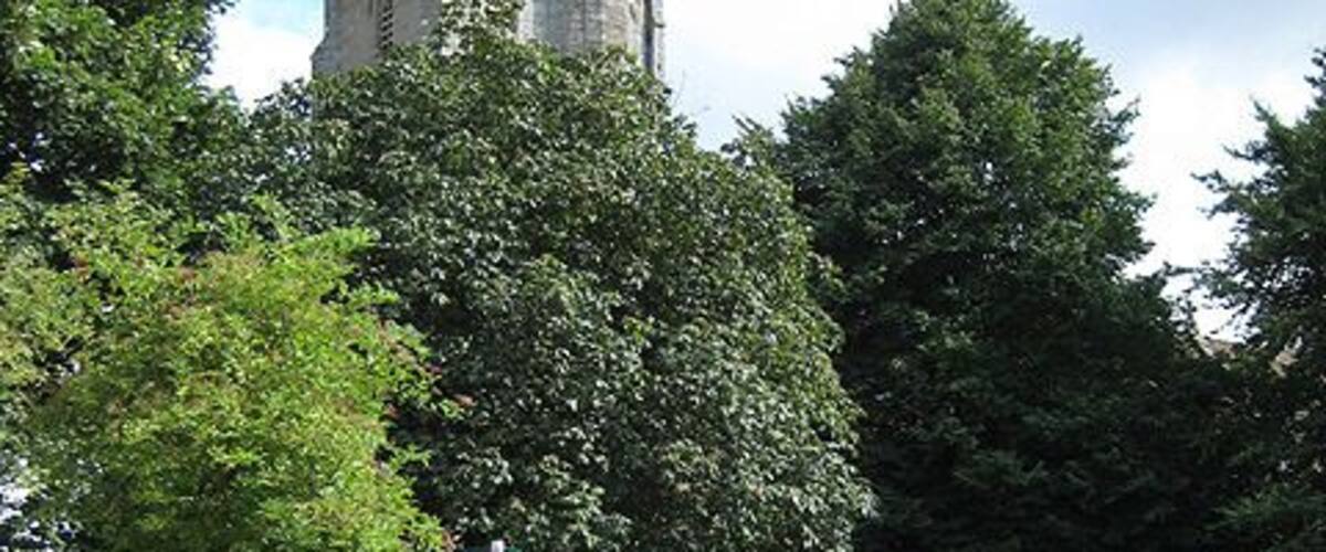 A church with a tall tower, surrounded by trees and a stone wall.