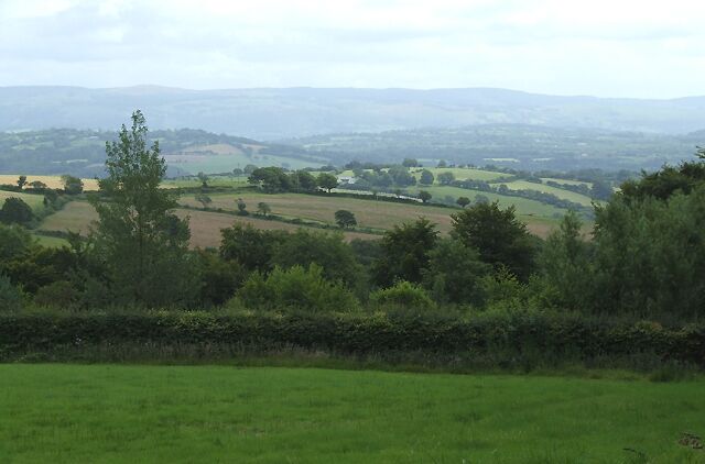 A rural landscape with rolling hills, fields, and scattered trees.