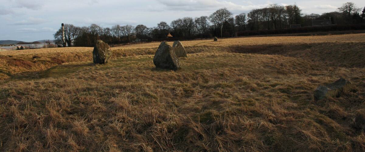 A field with large standing stones and a distant view of trees and a body of water.
