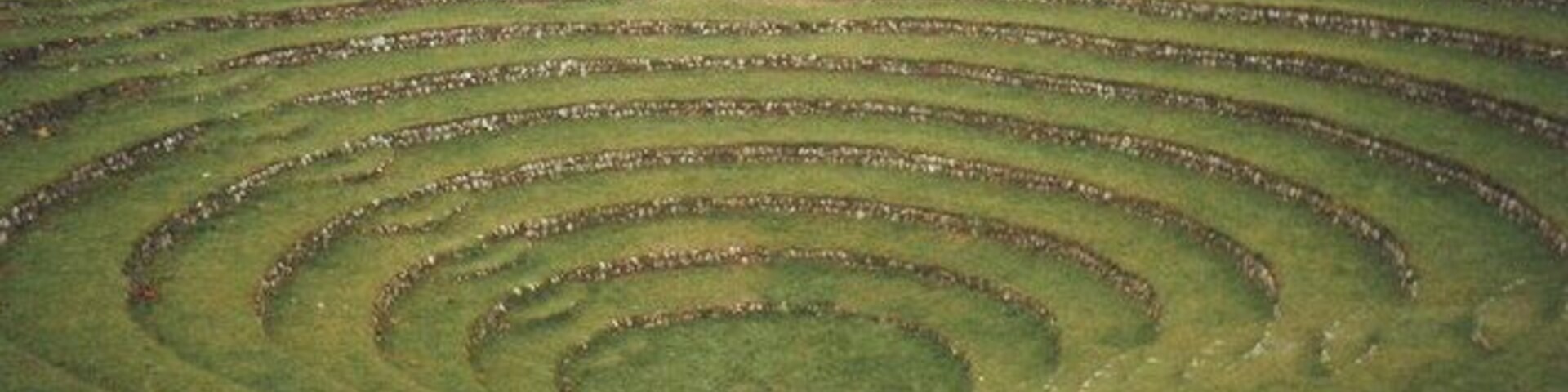 Un gran laberinto en espiral en un campo cubierto de hierba, con casas al fondo.