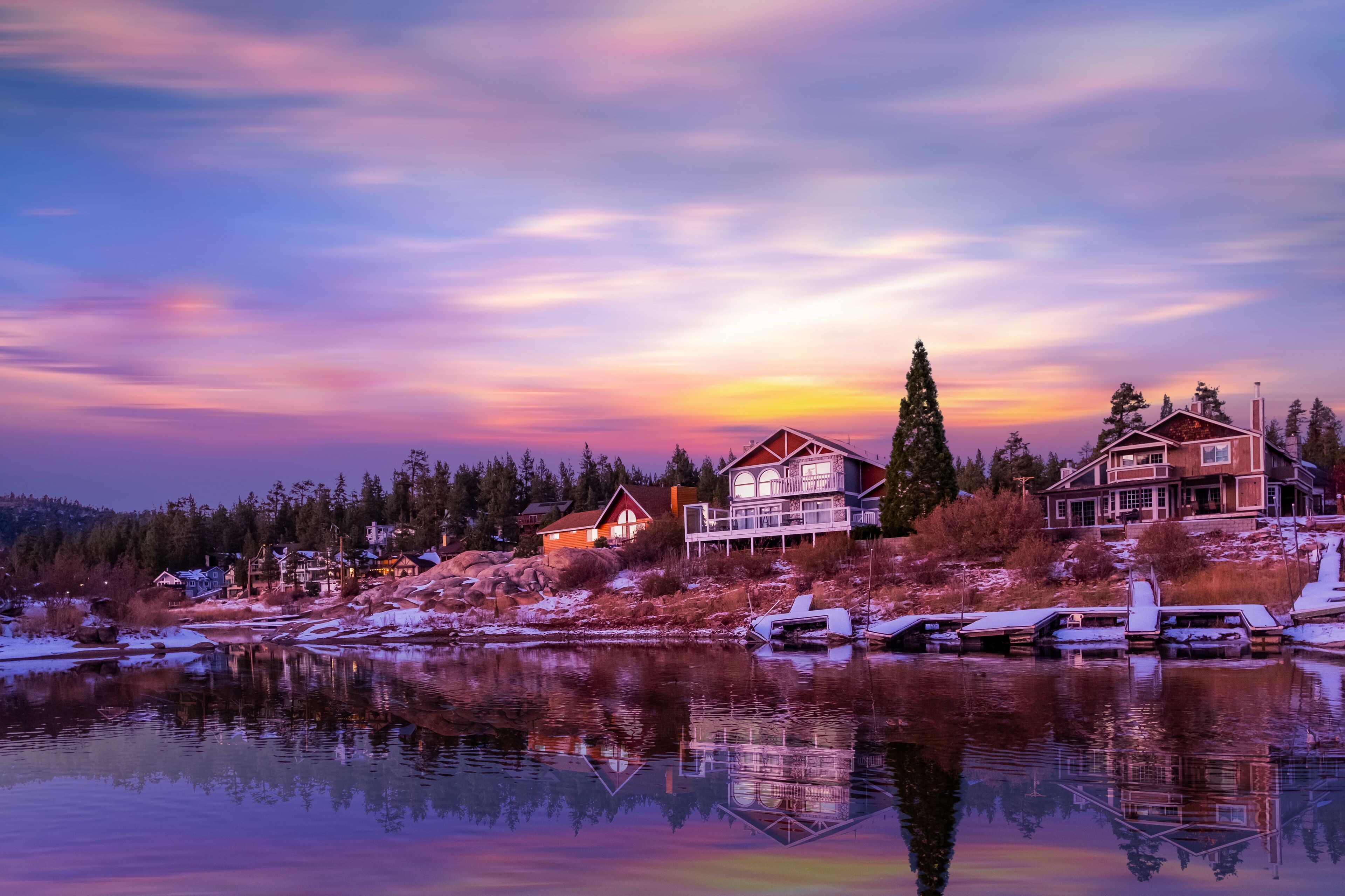 Beautiful view Big Bear Lake with snow at sunset. Big Bear,CA ,USA	