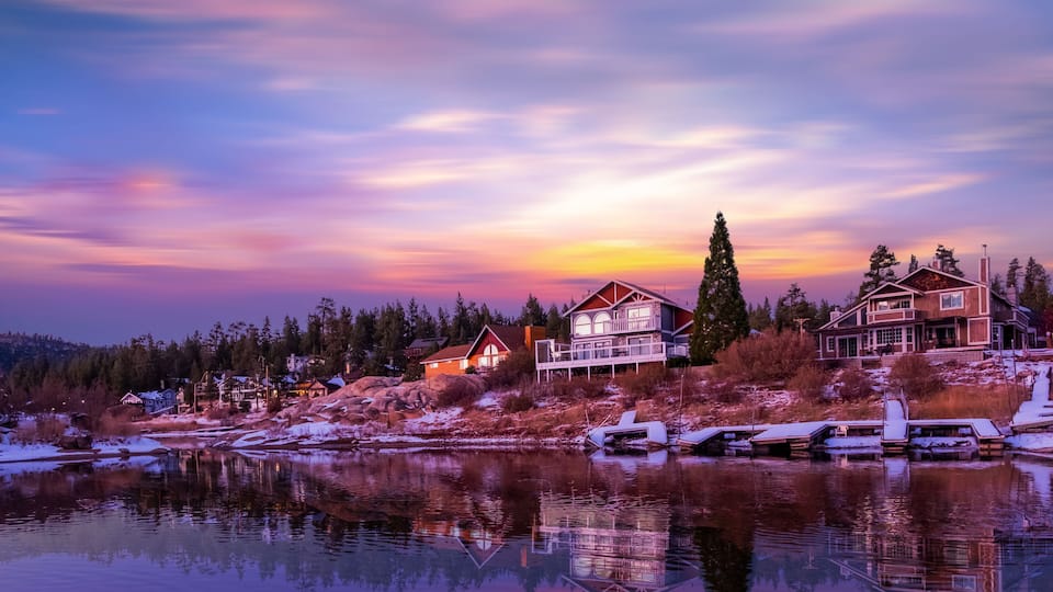 Beautiful view Big Bear Lake with snow at sunset. Big Bear,CA ,USA