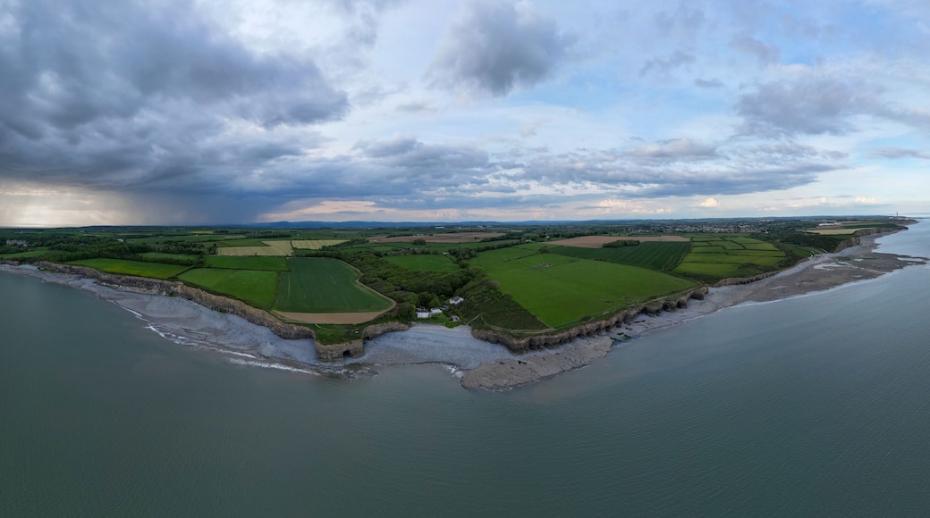 An aerial view of a coastal landscape with fields, a beach, and a stormy sky.
