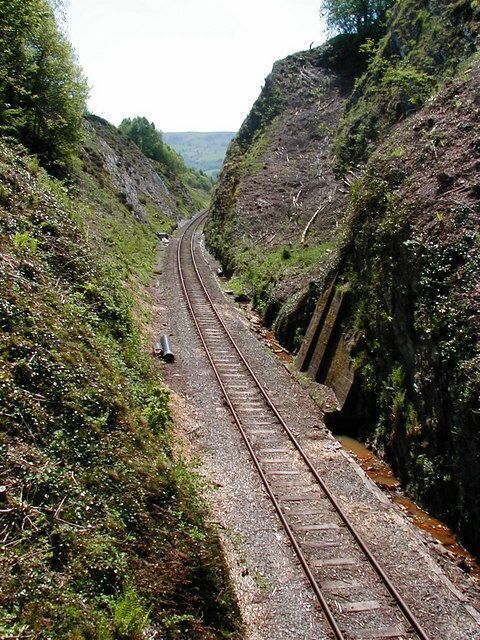 Railway Cutting at the summit of Talerddig bank, near to Talerddig, Powys, Great Britain. At just over 700 feet at the summit, Talerddig has always presented a challenge to railway operators and in steam days most trains required an assisting engine.