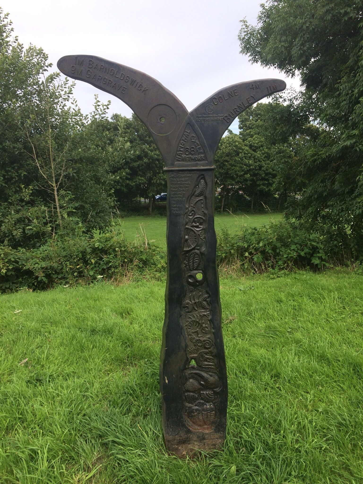 Along the Leeds Liverpool canal you will find several of these. Funded by the national lottery, they are signposts for cyclists with distances in miles to the towns along the canal path.