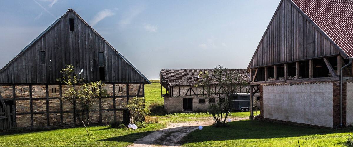 A rural landscape with two barns, a dirt path, and green fields.