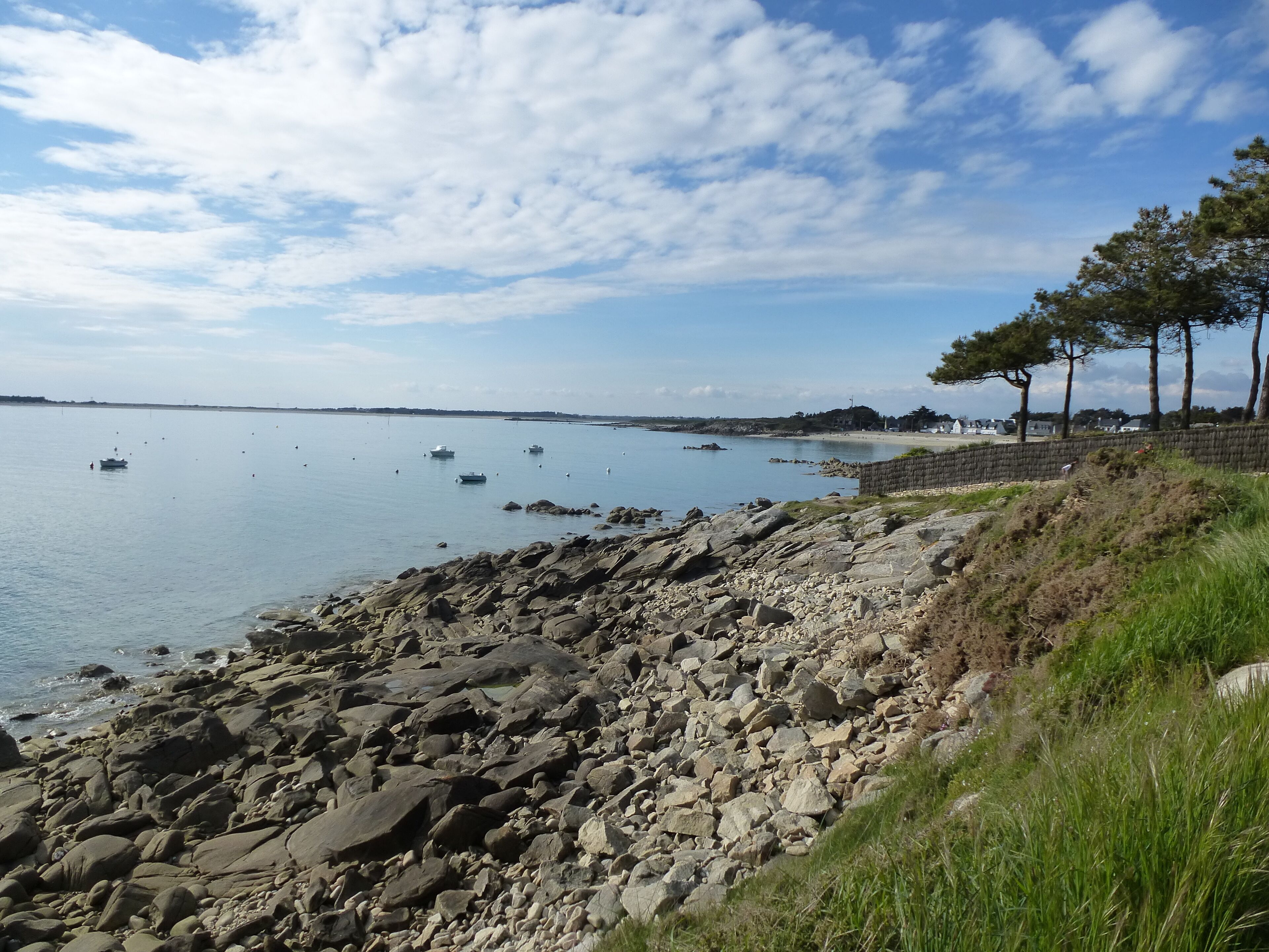 A rocky shoreline with calm water, boats, and a distant tree line.