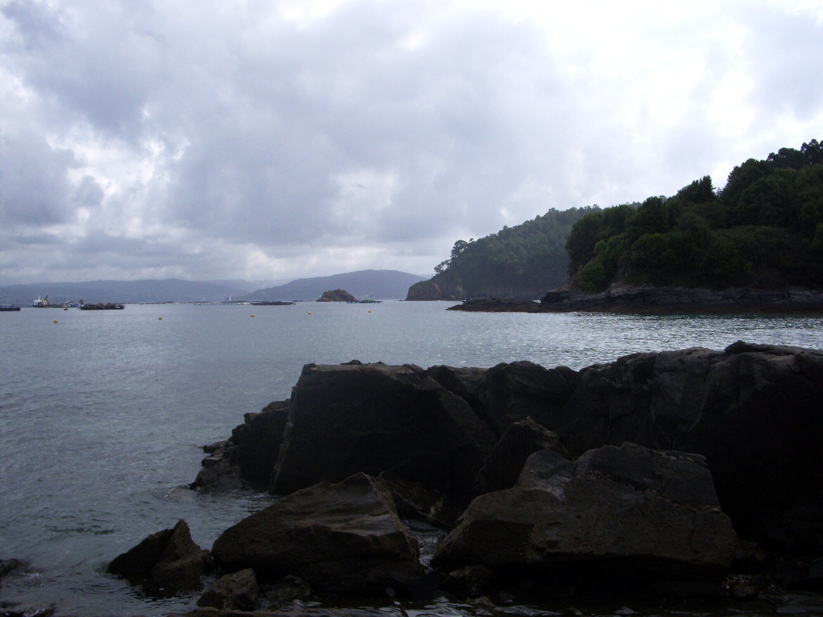 A coastal landscape with large rocks in the foreground, calm water, and a forested hill in the background.