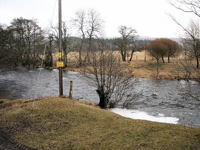 A flooded river with a utility pole and bare trees in a rural landscape.
