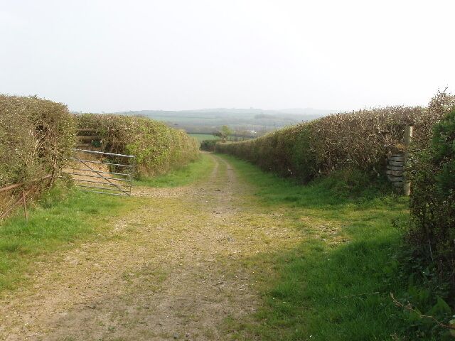 Farm track to Knowle View into Devon from road which is the county boundary with Cornwall.