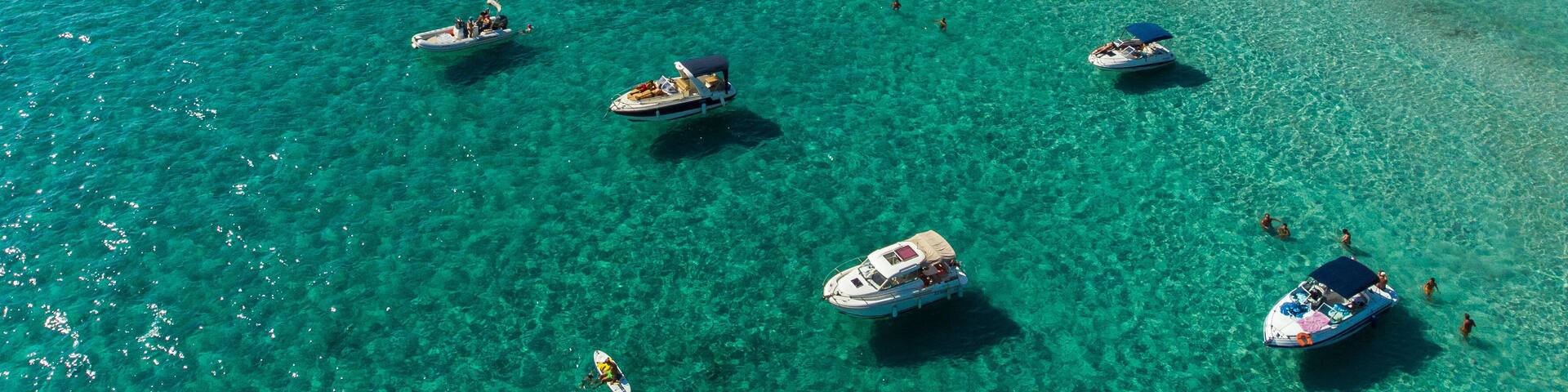 Aerial drone view of pleasure boats anchored at bregançon, near Porquerolles island in Var, France