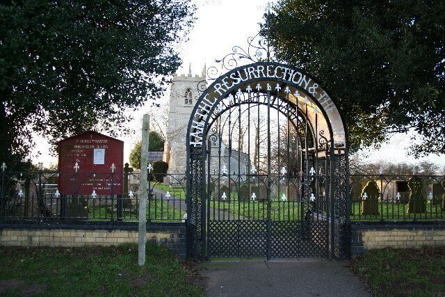 Church gate. Entrance to the Church of St.George the Martyr at Clifton, as you enter it reads "I am the resurrection & the life", as you leave it says "I know that my redeemer liveth"