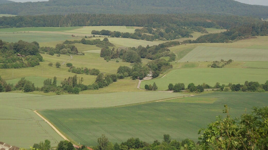 SĂŒdostansicht des DĂŒnsberg vom Bergfried der Burg Gleiberg, etwa 8,5 km entfernt; Mai 2018