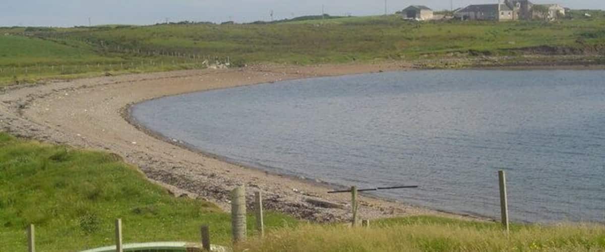 A curved shoreline with a grassy area and a building in the distance.