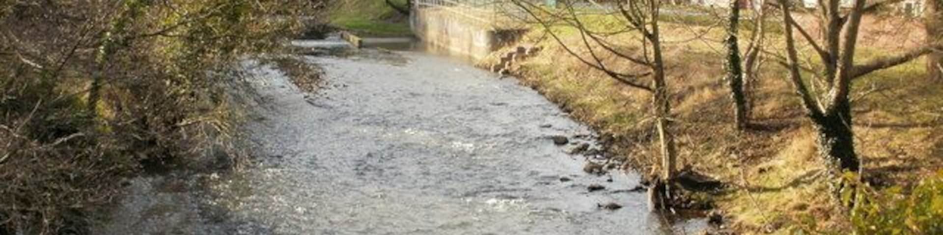 Afon Lwyd upstream from Caerleon Road, Ponthir Looking west along the Afon Lwyd. On the right are houses in Barnfield.