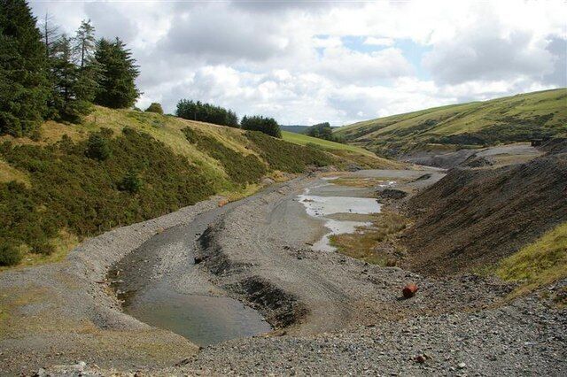 Former mine workings at Dylife. This stream (Afon Twymyn) skirts the very northern edge of this square. Industrial Archaeologists proceed to http://www.cpat.org.uk/projects/longer/mines/5648.htm