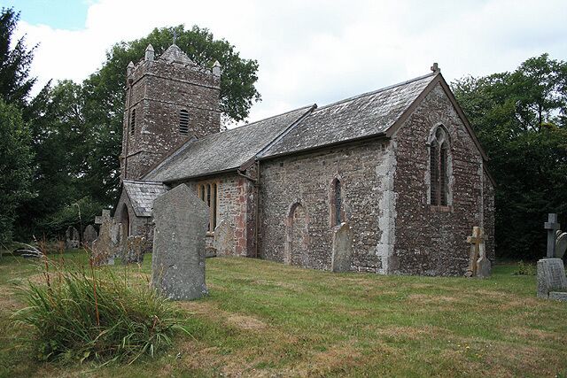 St John the Baptist's parish church, Kennerleigh, Devon, seen from the southeast. Before the reformation the dedication was to St Clement. The church was restored in 1847–48.