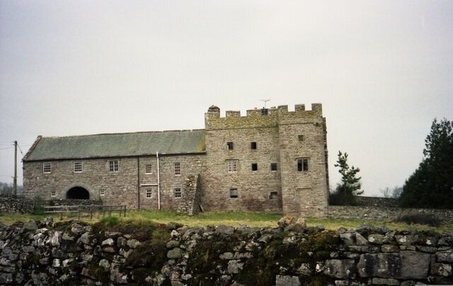 A stone castle with a tower and a large arched entrance.