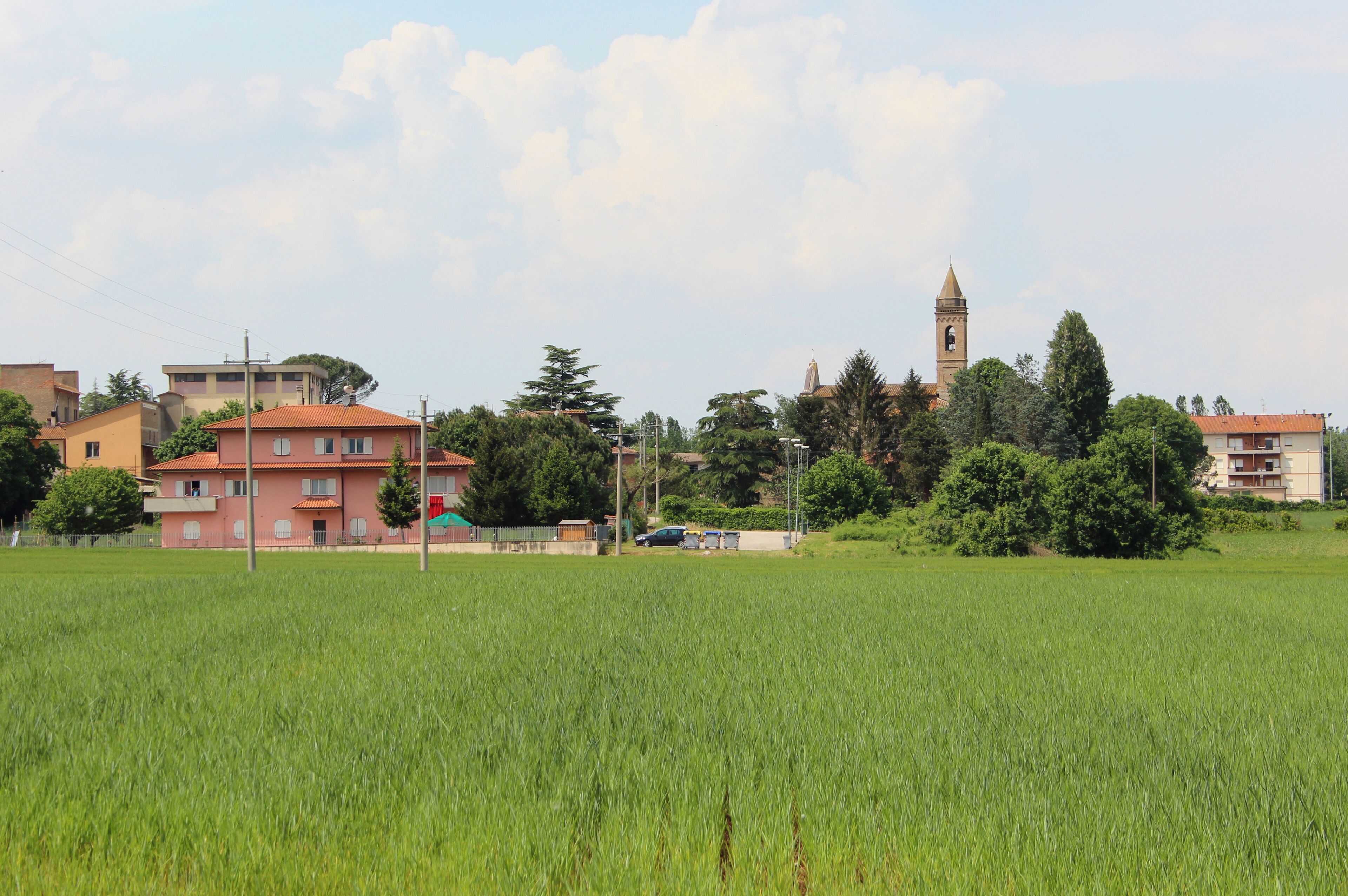 A green field, a pink building, and a tower in the background.