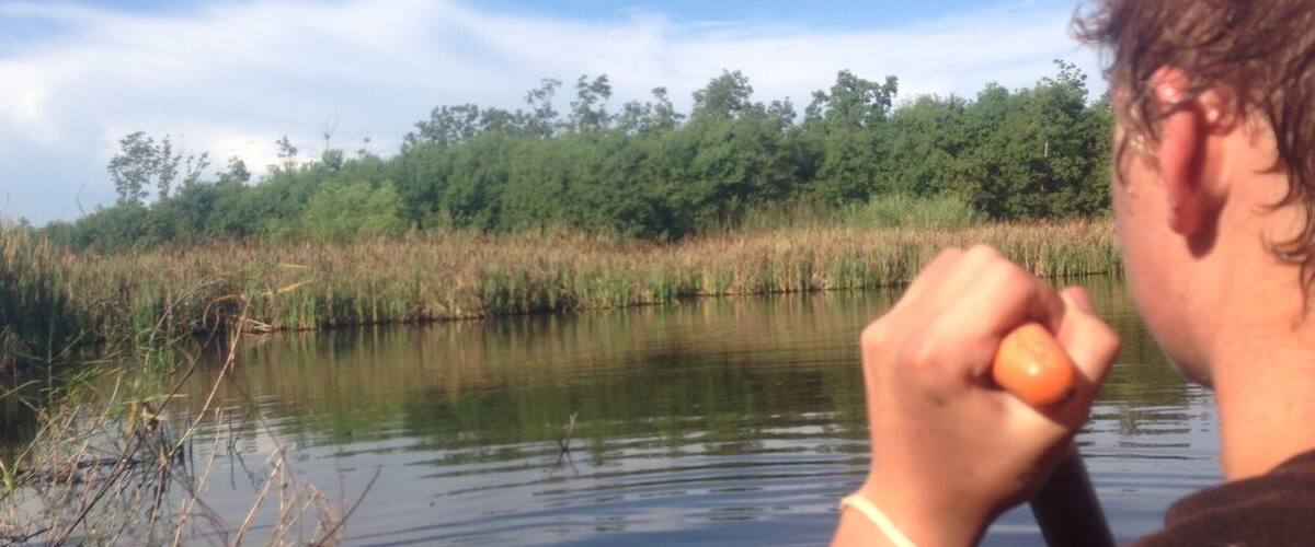 A person holding a camera, looking at a calm body of water with reeds and trees in the background.