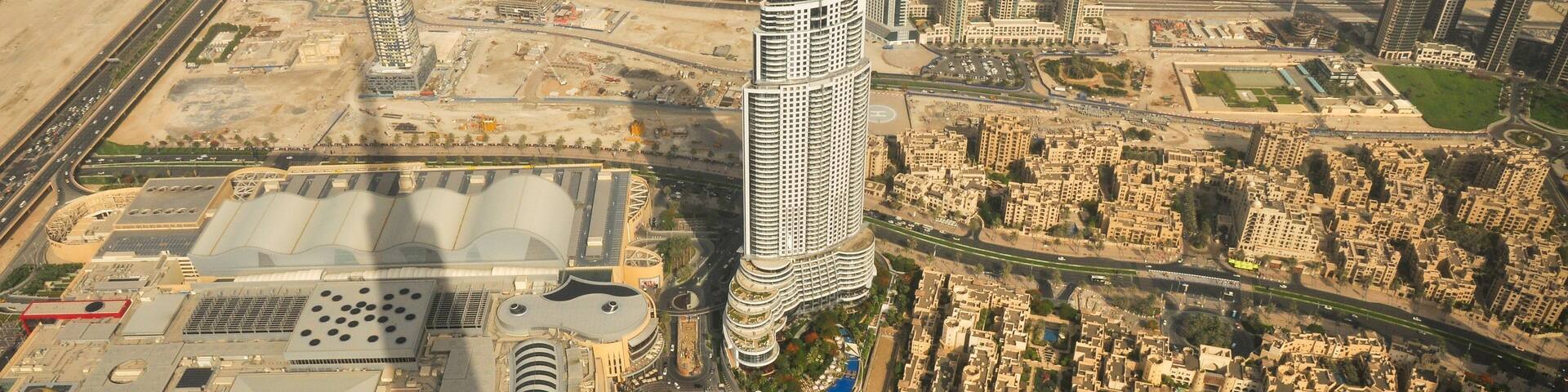 Emaar building and downtown, Aerial view with Burj Khalifa shadow, Dubai, United Arab Emirates, Middle East.