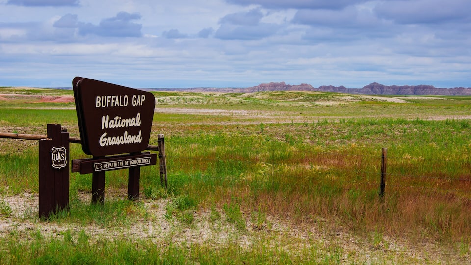 A sign for Buffalo Gap National Grassland with a vast prairie landscape and distant mountains.